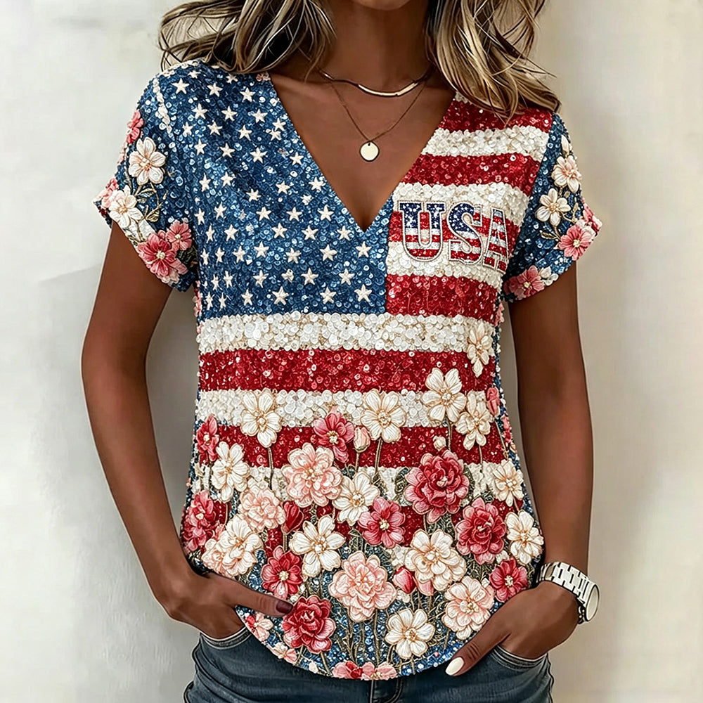 Usa Glitter Flag With Flowers Art Vintage Cozy T Shirt