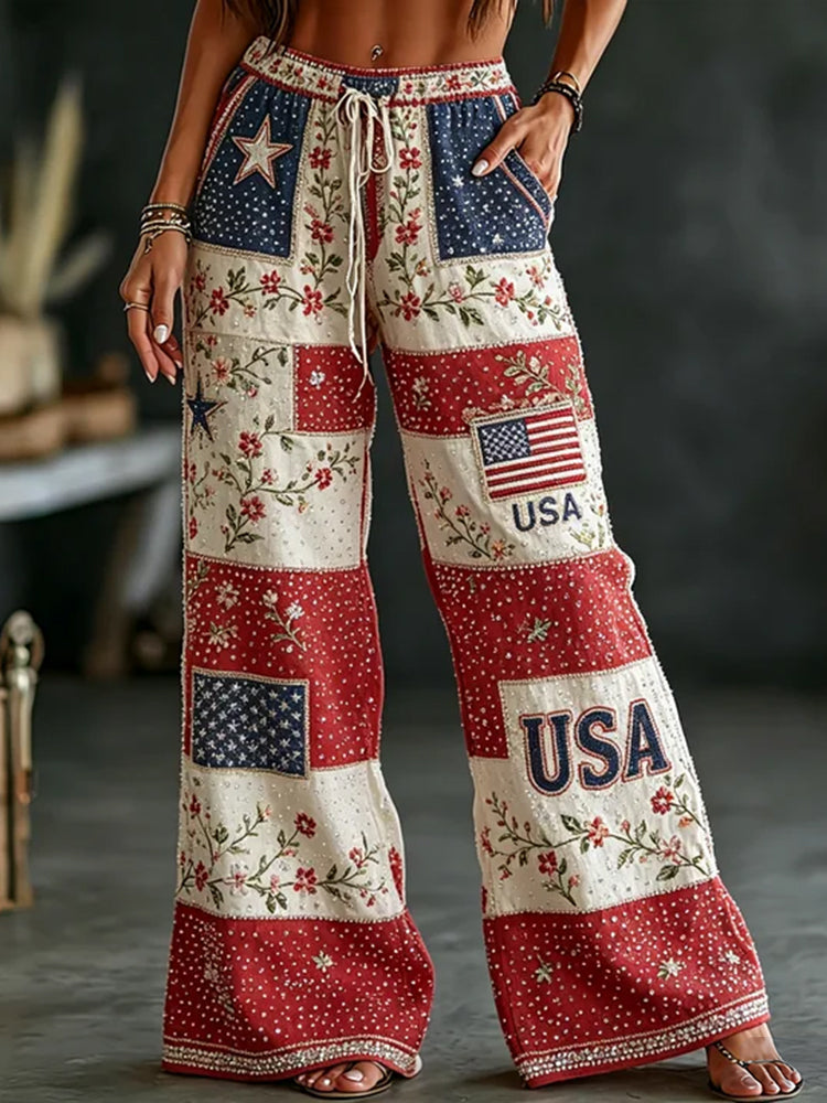 Women's Anniversary Flag Floral Art Print Linen Blend Loose Pants