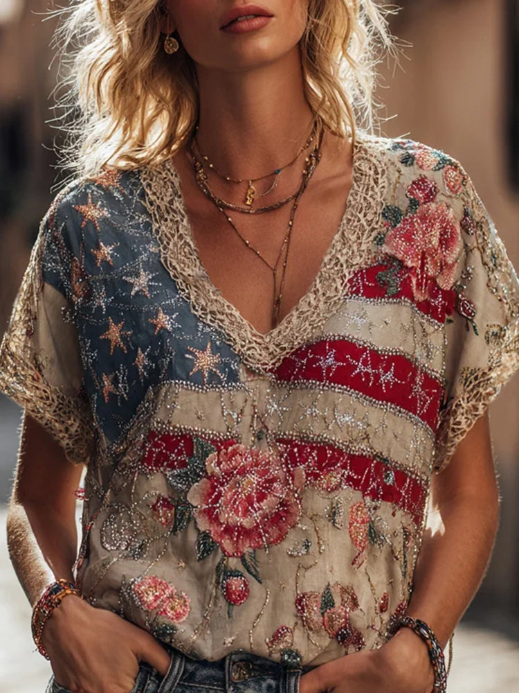 Women's Independence Day Floral Art Print Casual T-shirt