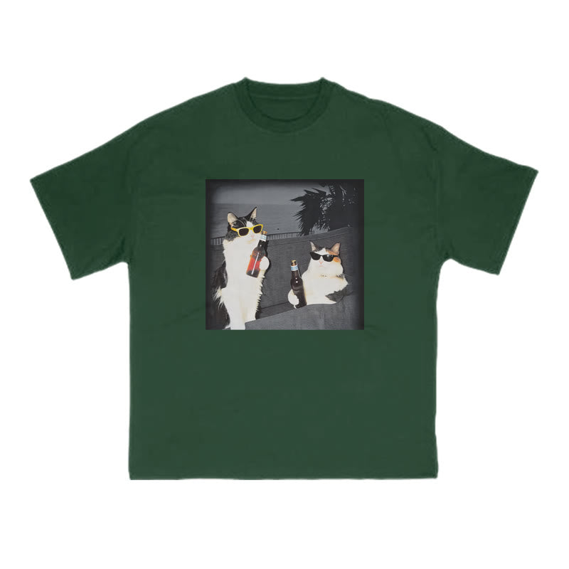 Two Cool Cats Enjoying Beer Print T-shirt
