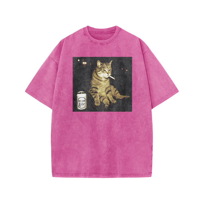 The Decadent Smoking Cat Meow Lite Beer Print Acid Washed T-shirt