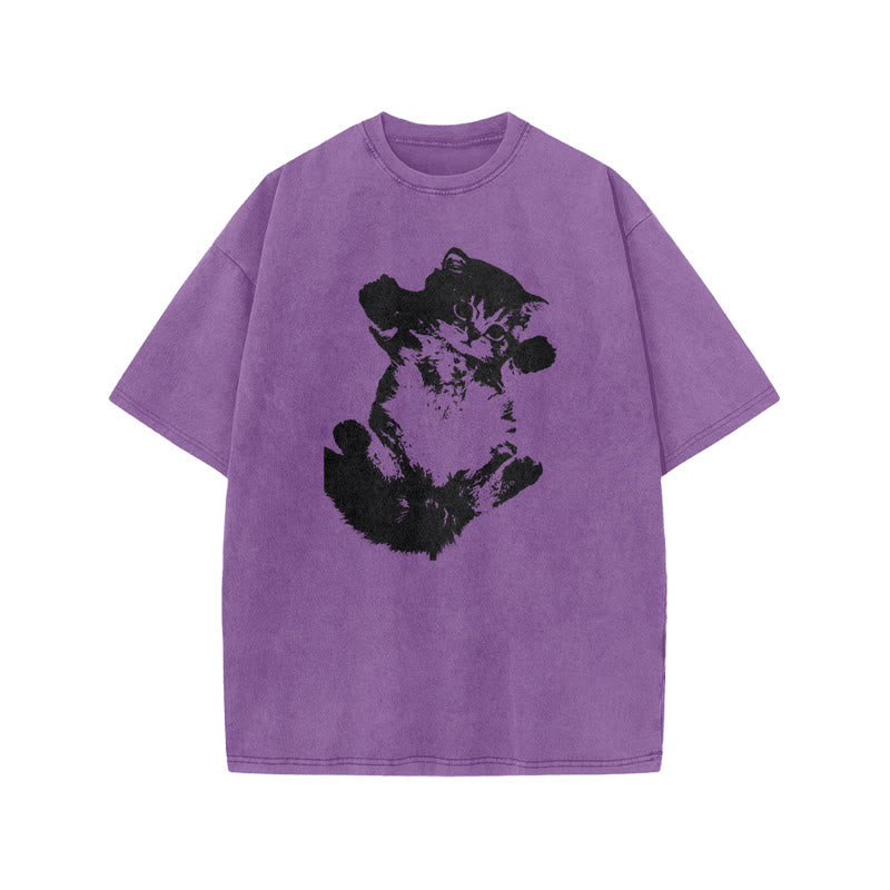 Lazy Cute Cat Print Acid Washed T-shirt