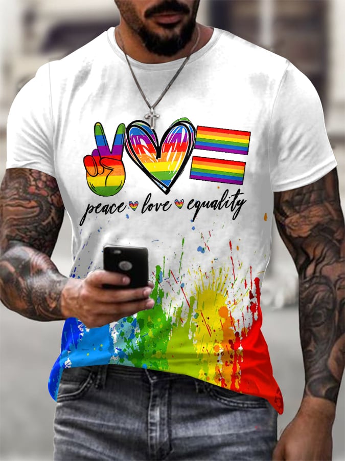 Men's Retro Peace Love Equality Print Short Sleeve T-shirt