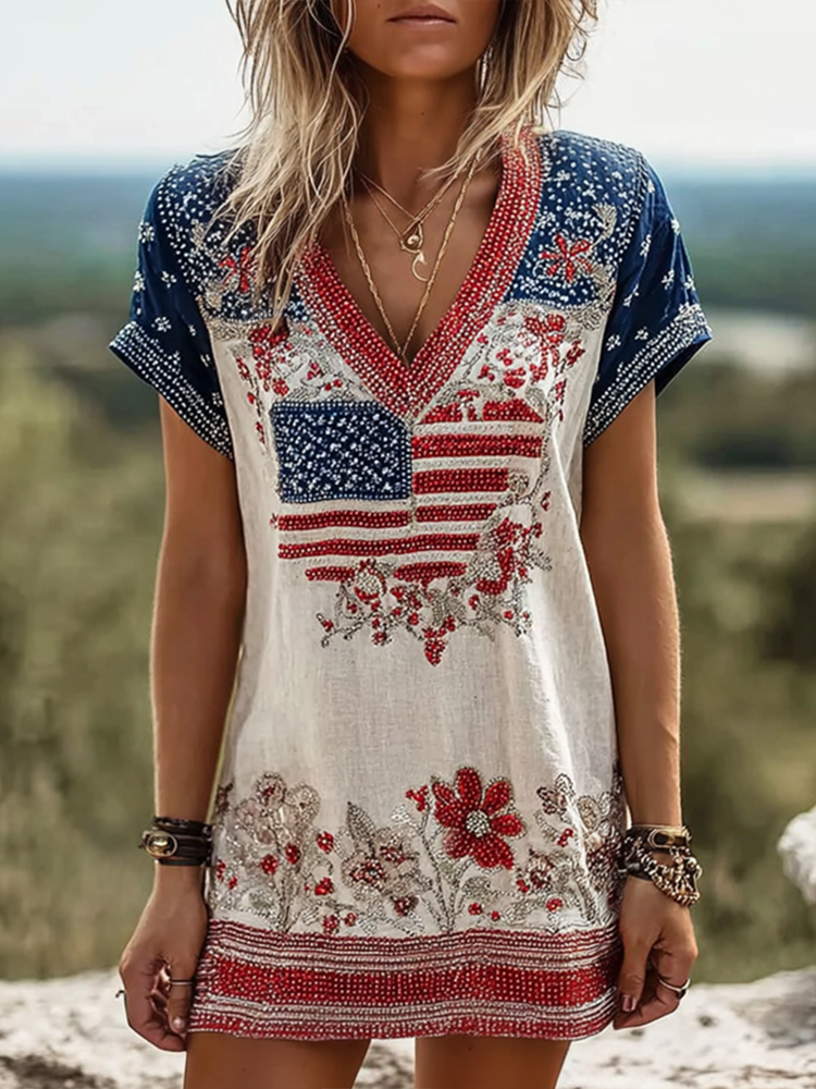 Vintage American Flag Element Casual Linen Dress