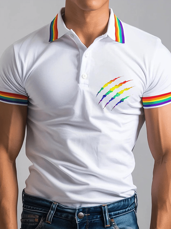 Men's Rainbow Stripe Bear Paw Print Polo Shirt