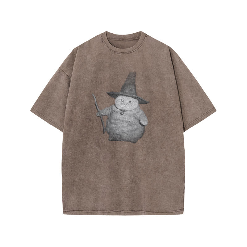 Unisex Wizard Cat Print Acid Washed T-shirt
