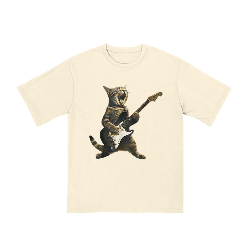 Unisex Rock Cat Playing Guitar Print T-shirt