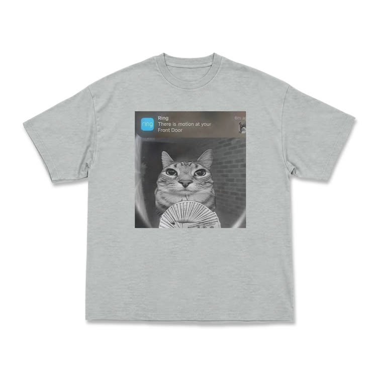 Casual Cat Doorbell Graphic Crew Neck T Shirt