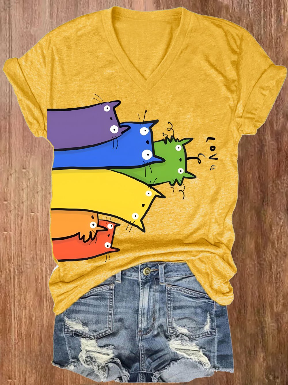 Women's Rainbow Striped Cat Pride Month And Cat Printed V-Neck T-Shirt Top