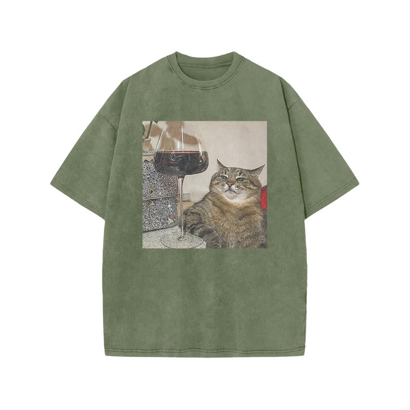 Tabby Cat & Wine Print Acid Washed T-shirt