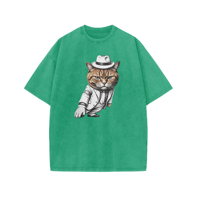 Vintage Gentleman Cat Graphic Print Acid Washed T-shirt