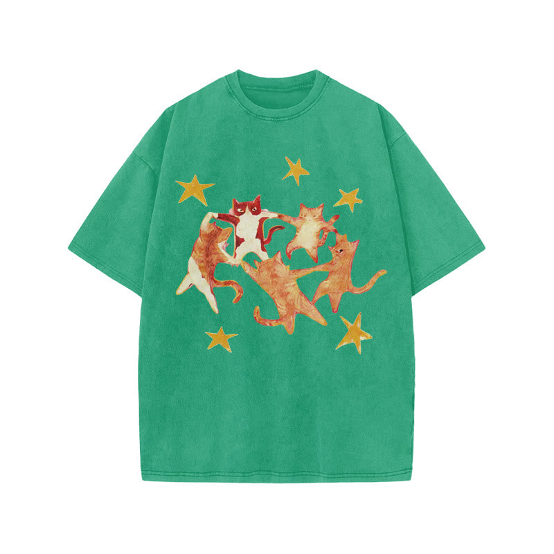 Cats Holding Hands And Dancing Print Acid Washed T-shirt