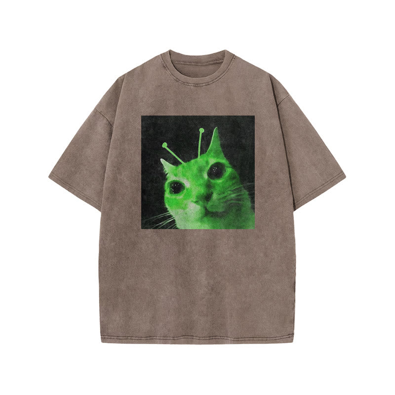 Unisex Alien Cat Halloween Print Acid Washed T-shirt