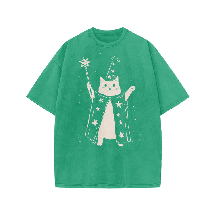Vintage Wizard Cat Graphic Print Acid Washed T-shirt