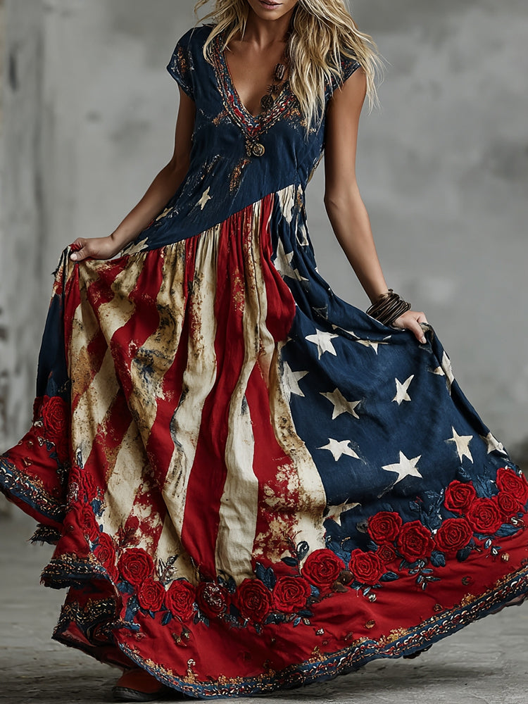 Women's Vintage Floral Flag Art Print Maxi Dress