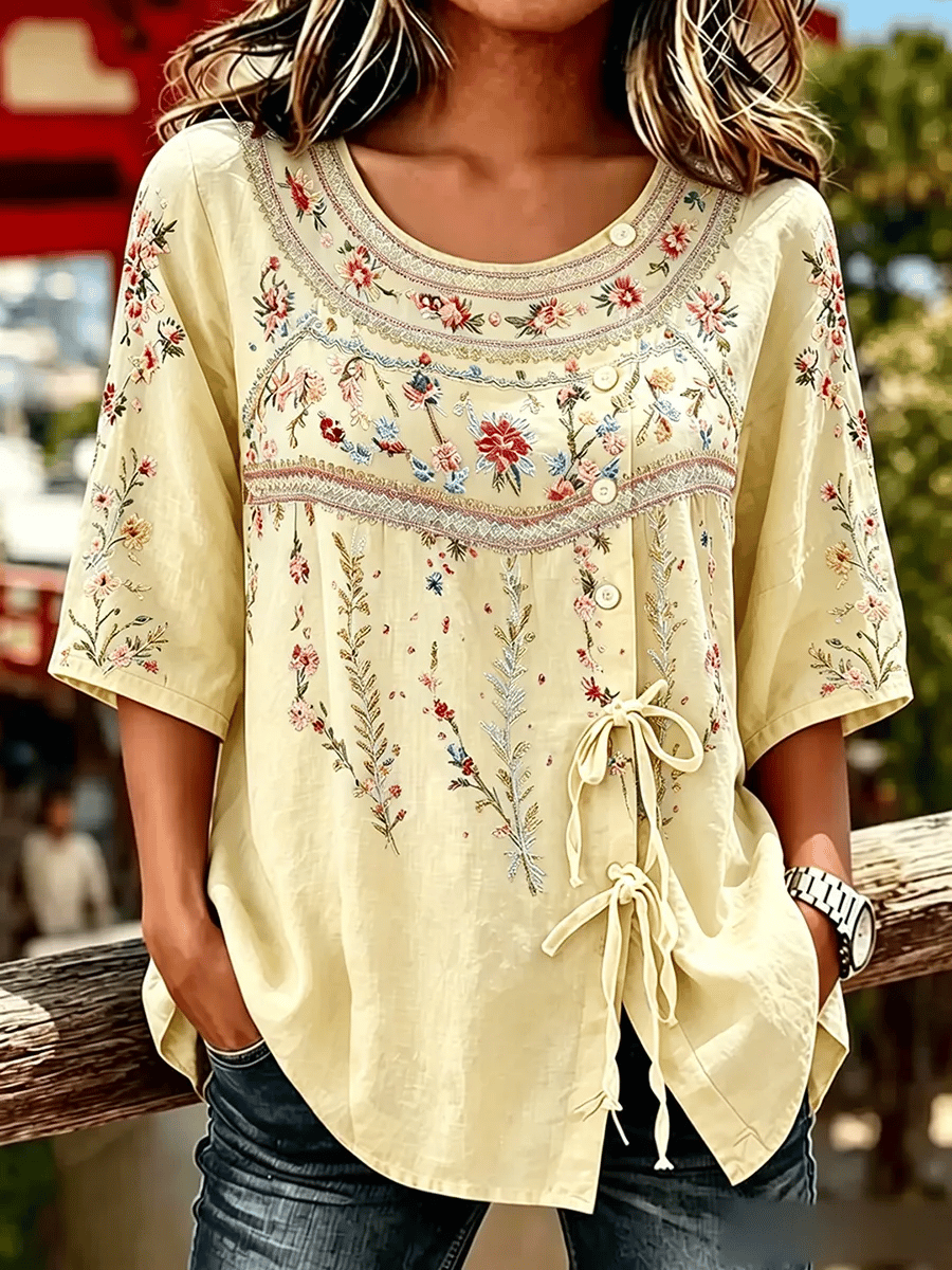 Women's  Retro Breast Cancer Floral Print Button Lace Up Tie Shirt