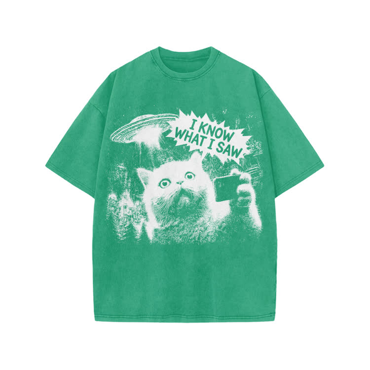 Sci Fi UFO Cat Graphic Washed T-Shirt