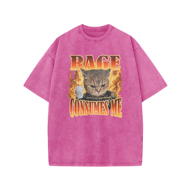 Vintage Washed Rage Consumes Me Cat Graphic Print Acid Washed T-shirt