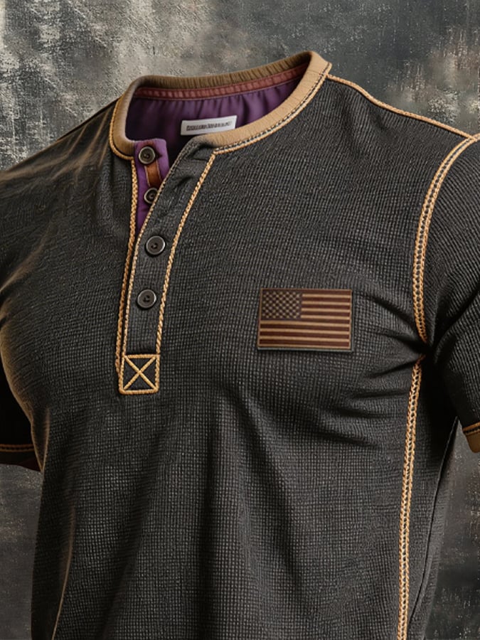 Men's Retro Color-block Waffle-Knit Henley T-Shirt