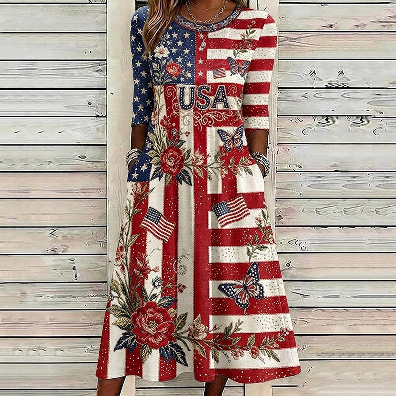 Women's Vintage Anniversary Flag Flower Art Print Linen Blend Midi Dress