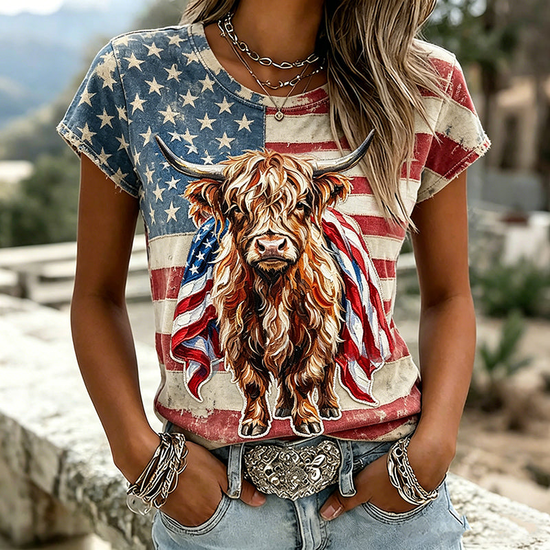 Women's Retro Independence Day Highland Bull Flag Patchwork T-shirt