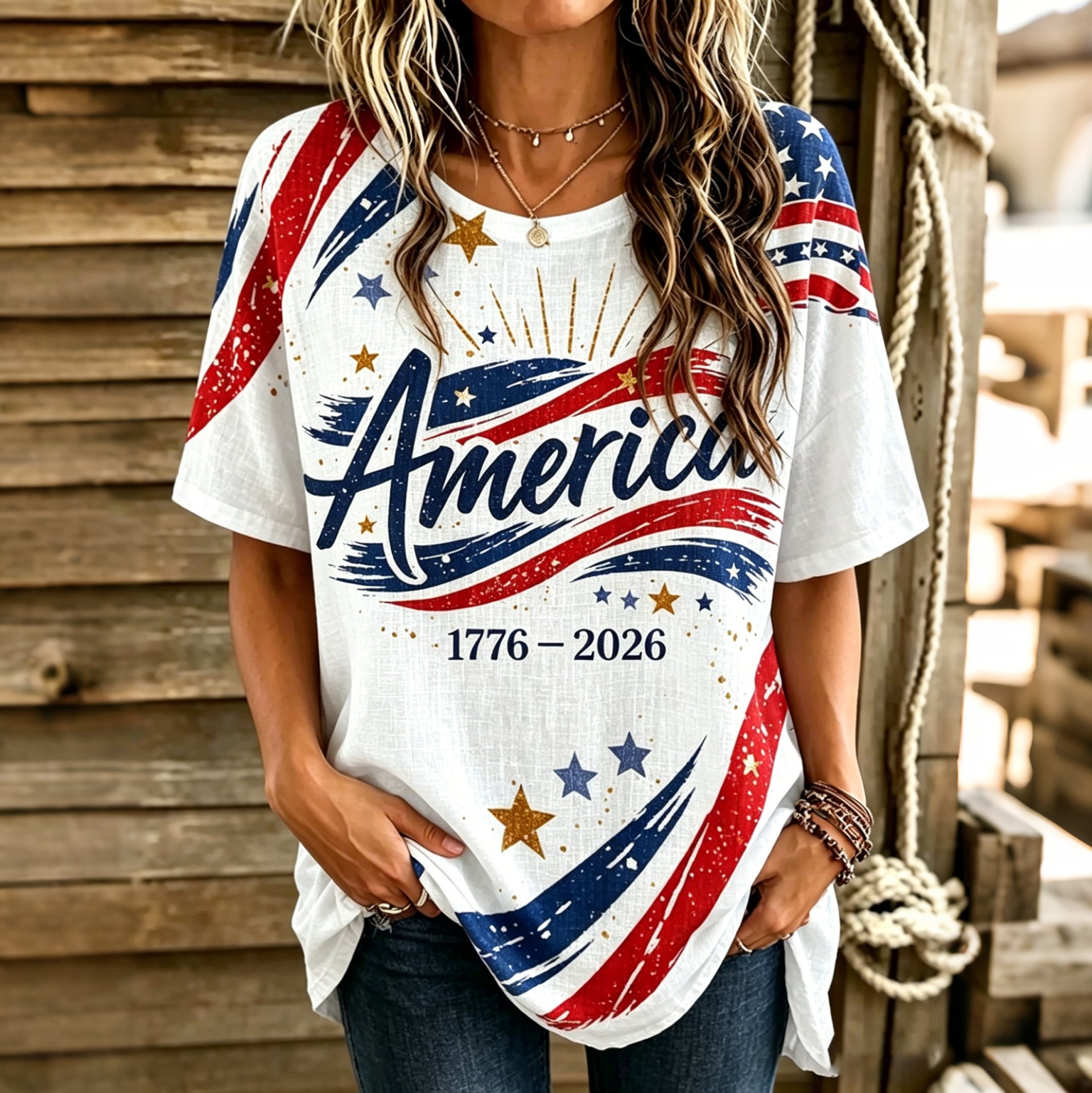 Women's  Flag Art Short Sleeve Linen Tops