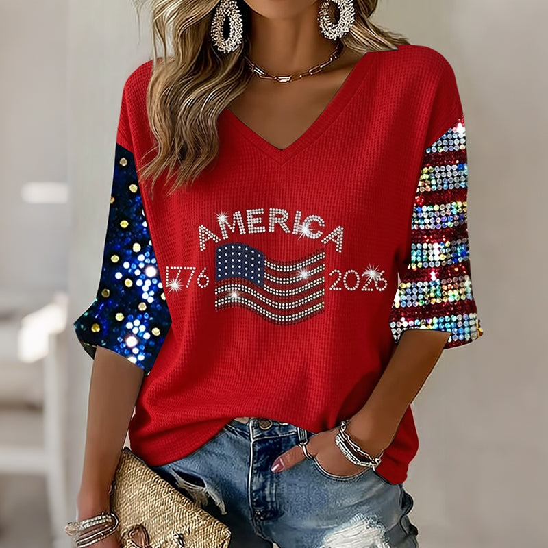 Women's Retro Independence Day Flag Art V Neck Linen Tops