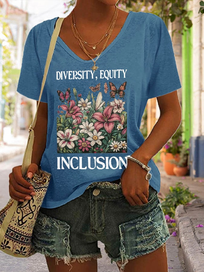 Women's Diversity Equity Inclusion Print V Neck T-Shirt