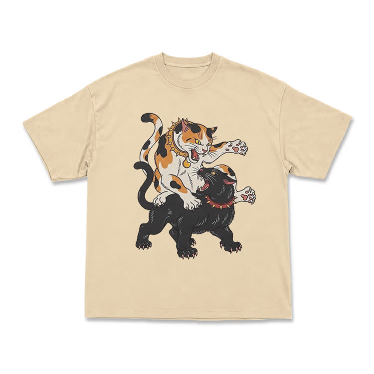 Vintage Cat Clash Graphic Print T-shirt