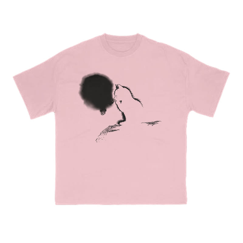 Smoking Cat Full Moon Silhouette Print T-shirt