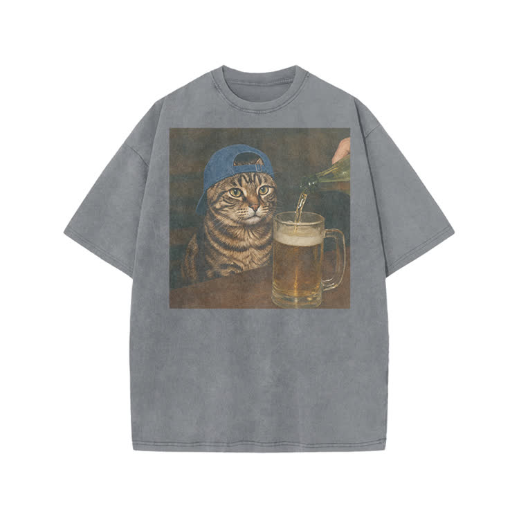 Vintage Beer Cat Graphic Print Acid Washed T-shirt