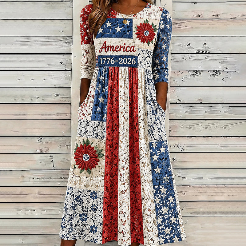 Women's American Floral Contrast Lace Print Patchwork Dress