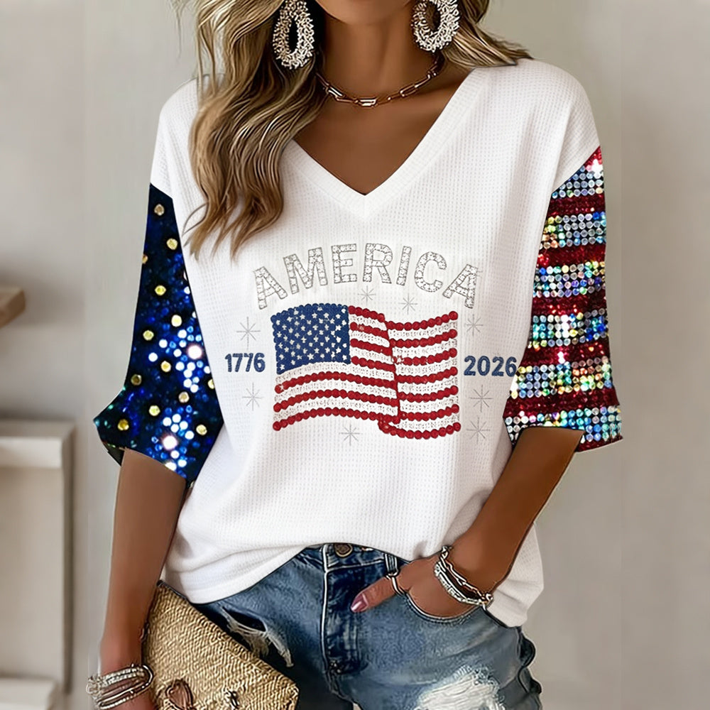 Women's Flag Art Three-quarter Sleeve V Neck Linen Tops