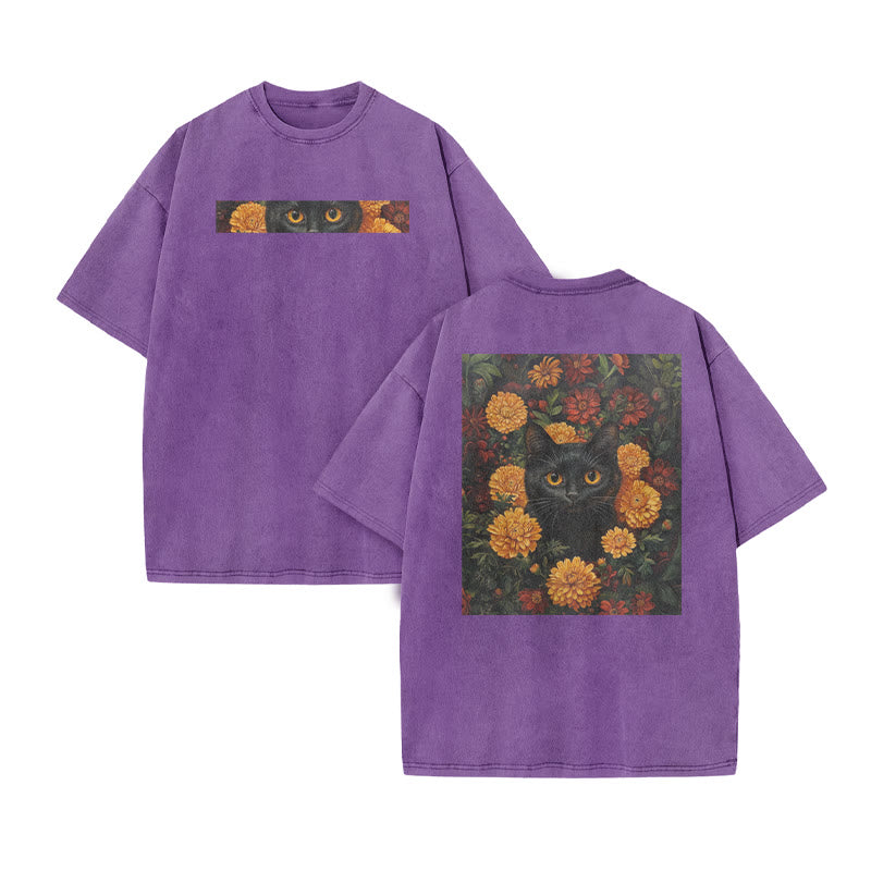 A Black Cat In A Field Of Chrysanthemums Print Acid Washed T-shirt