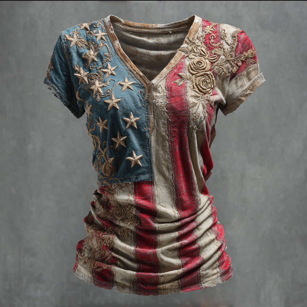 Women's Vintage Independence Day Flag Floral Embroidered V-neck T-shirt