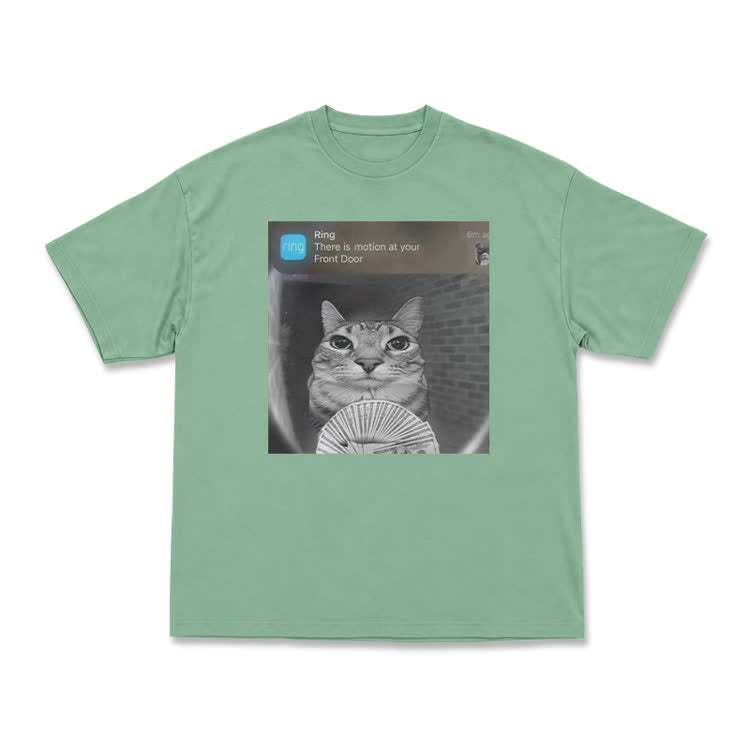 Casual Cat Doorbell Graphic Crew Neck T Shirt