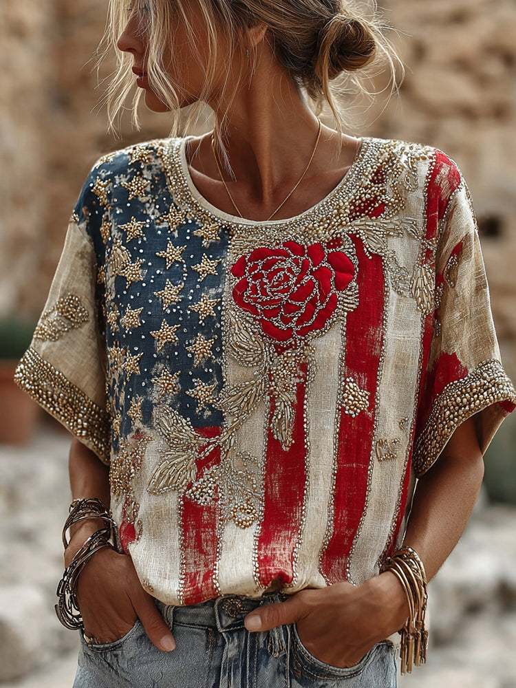 Women's Floral Contrast Embroidered Print Short Sleeves Linen T-shirt