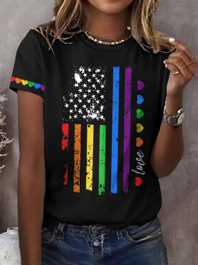 Women's Pride Month Rainbow American Flag print Short Sleeve T-Shirt