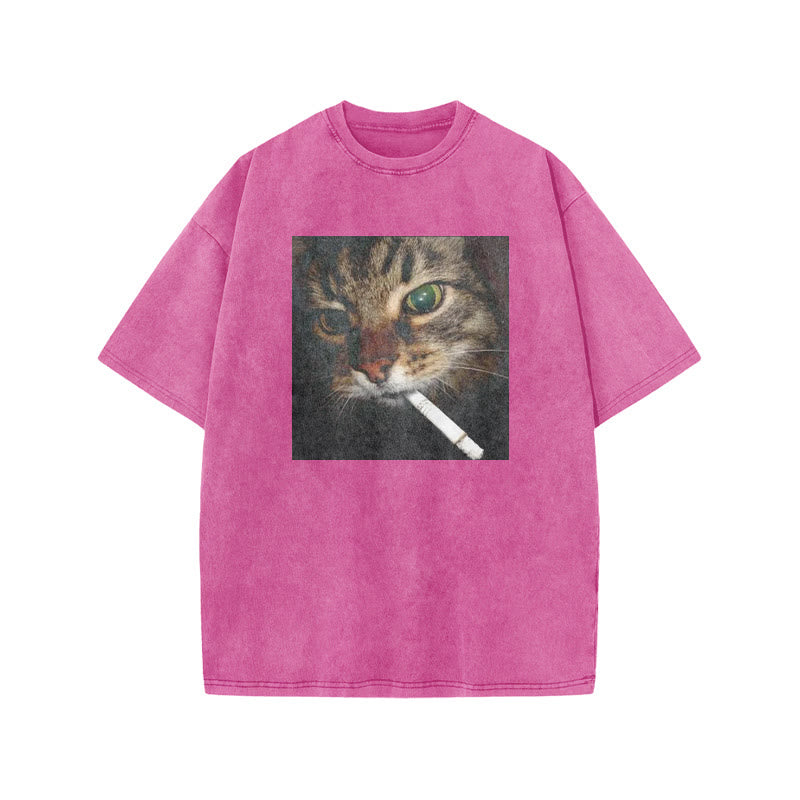 Unisex Cat With Cigarette In Mouth Print Acid Washed T-shirt