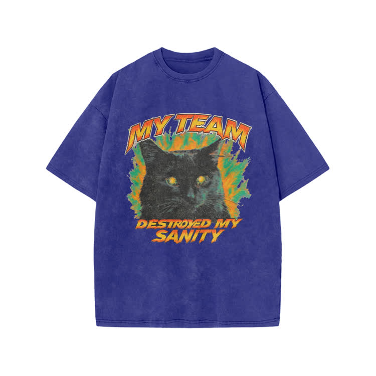 My Team Destroyed My Sanity Black Cat Graphic Print Acid Washed T-shirt