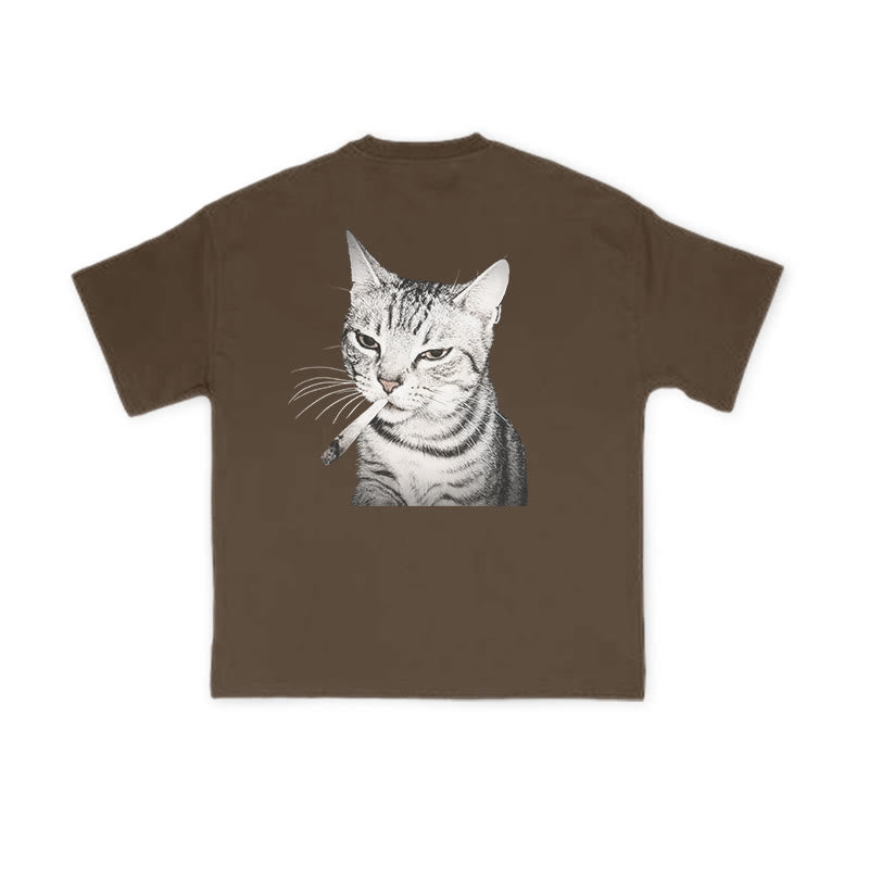 Tabby Cat With A Cigarette In Its Mouth Print Causal T-shirt
