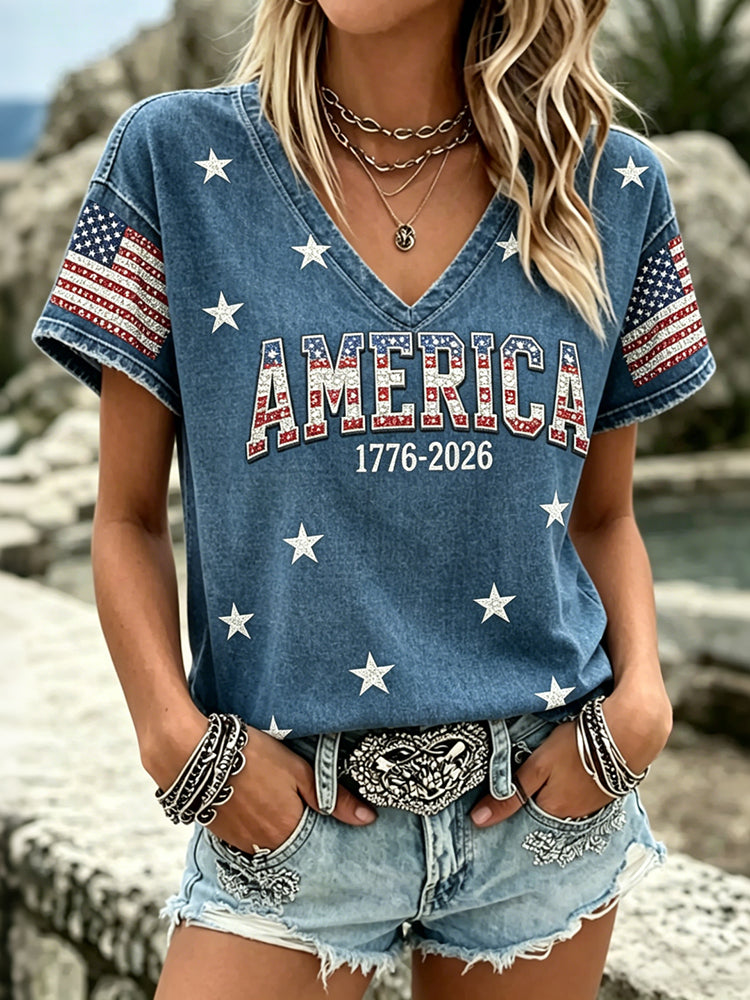 Women's Retro Flag Rhineston Pattern Casual T-shirt