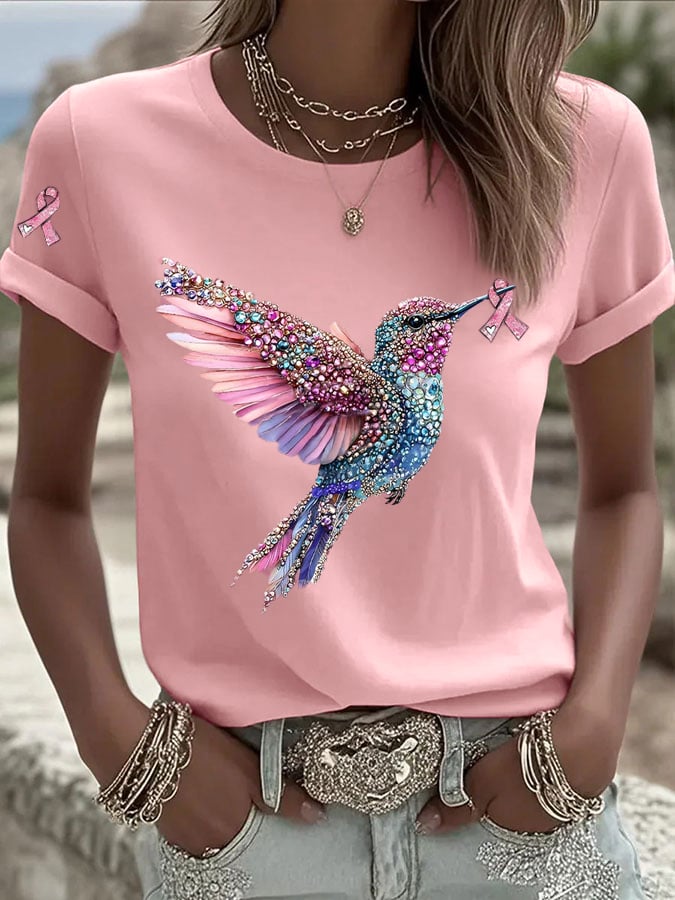 Women's Breast Cancer Hummingbird Ribbon Print Casual T-shirt