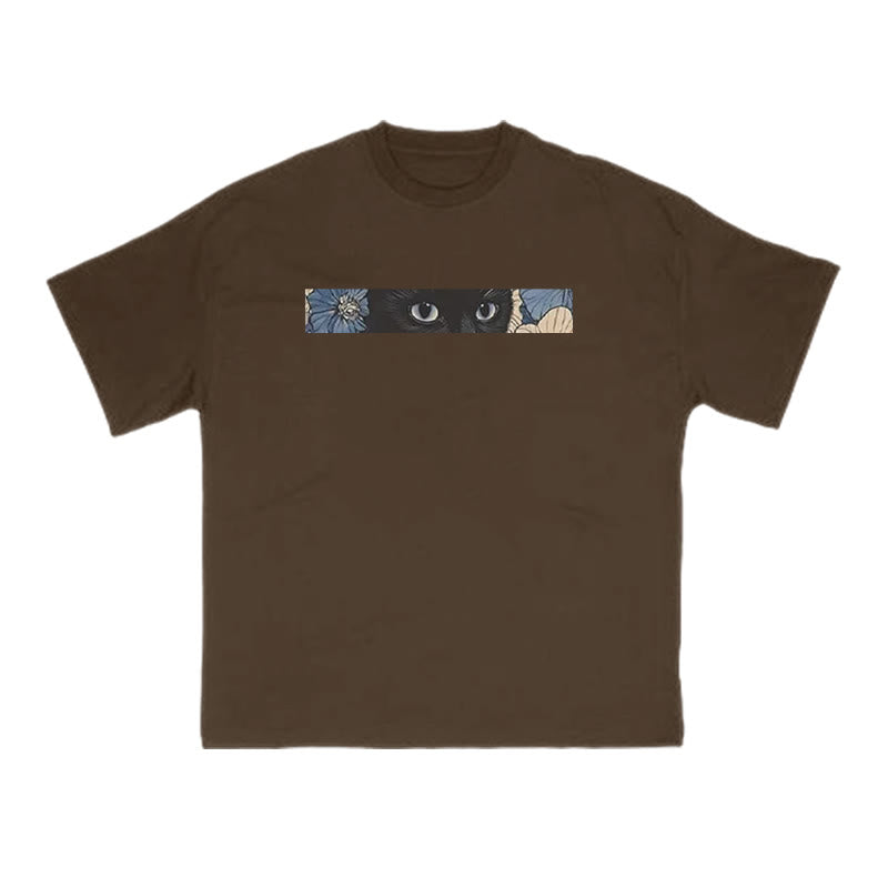 Black Cat In Flower Field Print T-shirt