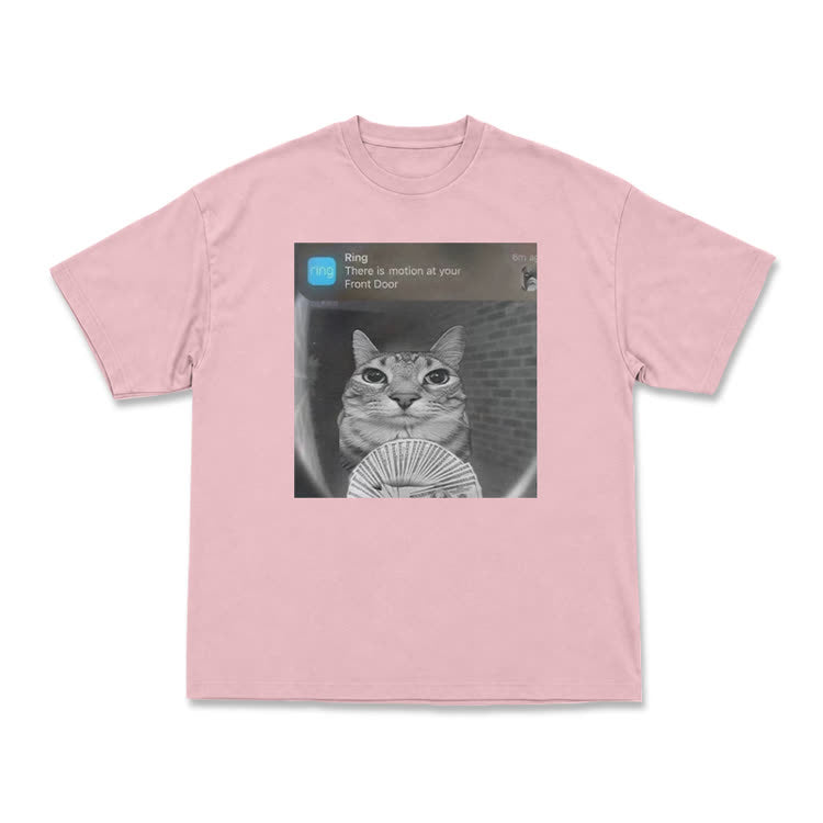 Casual Cat Doorbell Graphic Crew Neck T Shirt