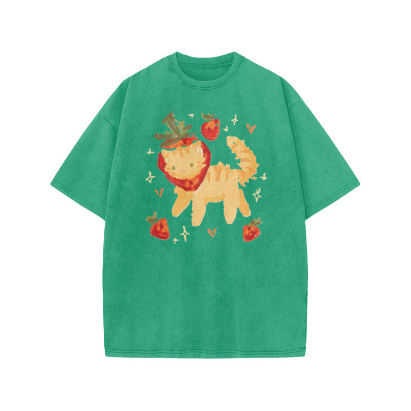 Cat Wearing A Strawberry Hood Print Acid Washed T-shirt