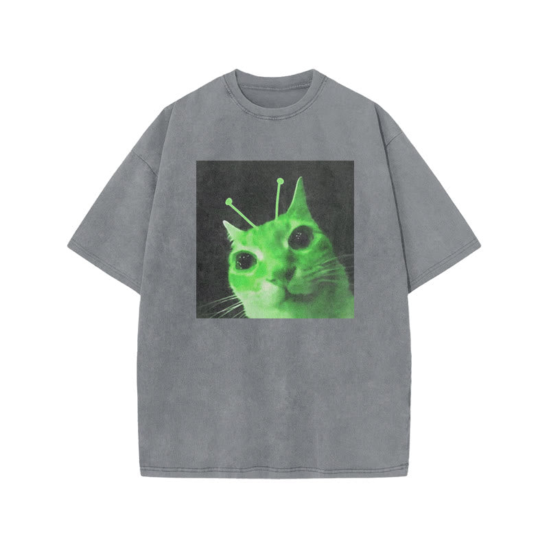 Unisex Alien Cat Halloween Print Acid Washed T-shirt