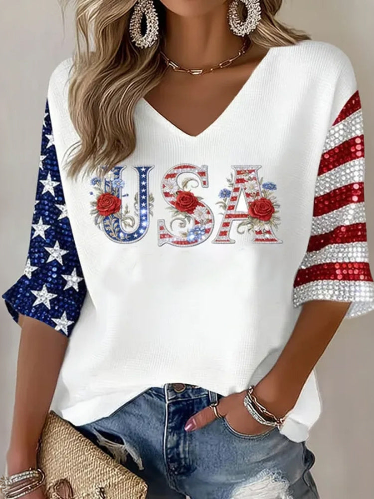 Women's Flag Art Three-quarter Sleeve V Neck Linen Tops