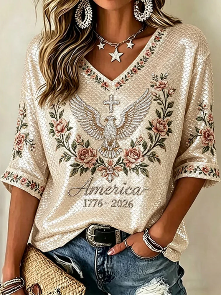Women's Retro Independence Day Floral & Eagle Sequin Art Color Block Cotton Linen Casual V-neck Short Sleeve Top