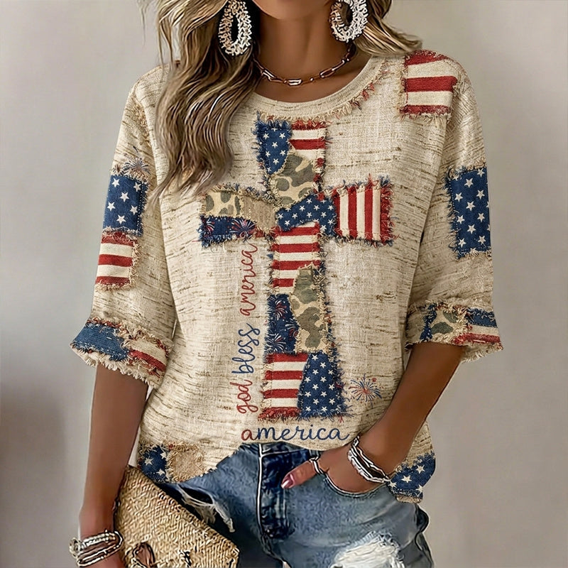 Women's  Flag In Faith Art Three-quarter Sleeve V Neck Linen Tops